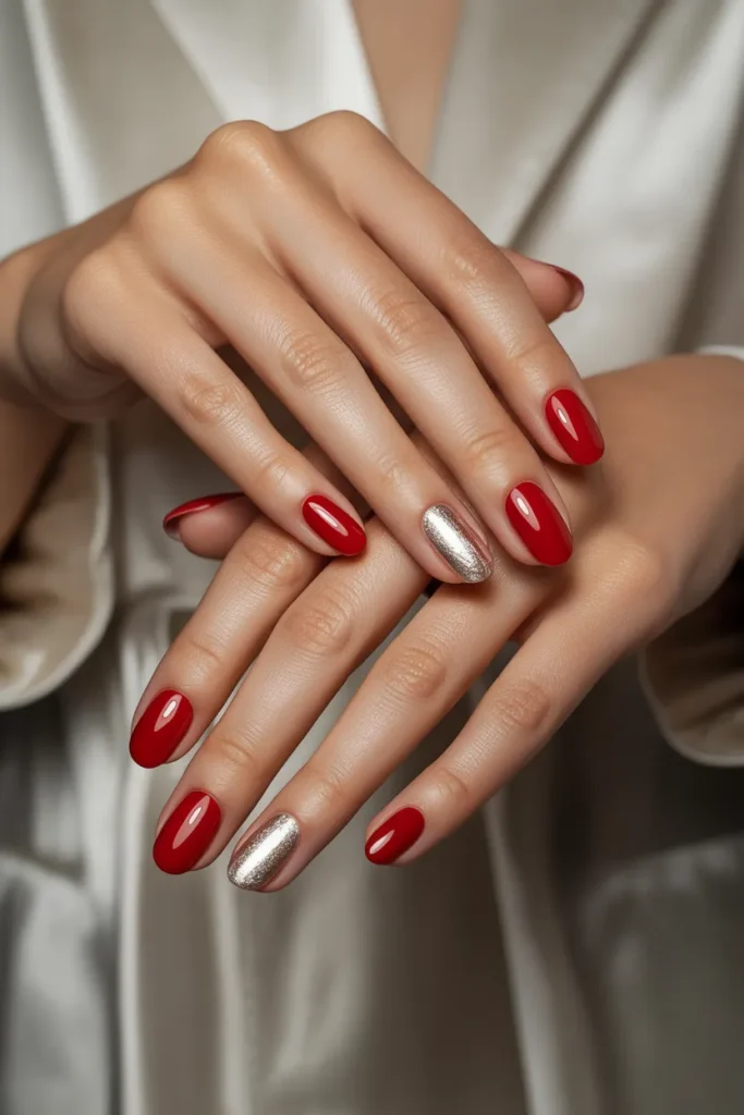 Classic Red Nails with Silver Foil Tips