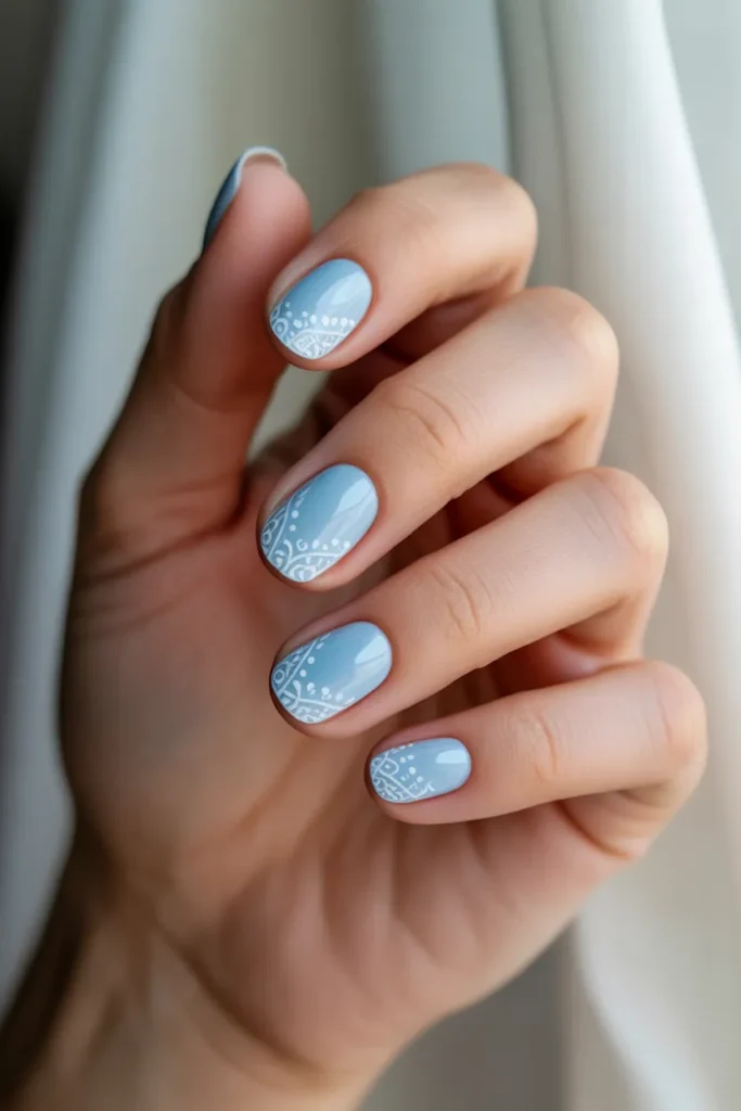 Baby Blue Nails with White Lace