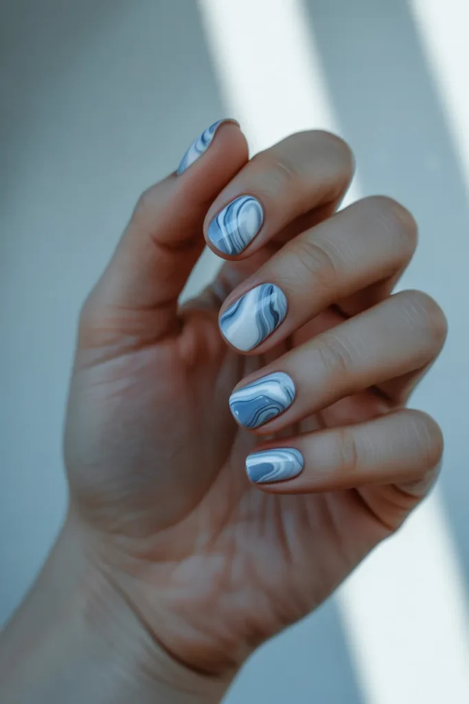 Blue and White Marble Nails