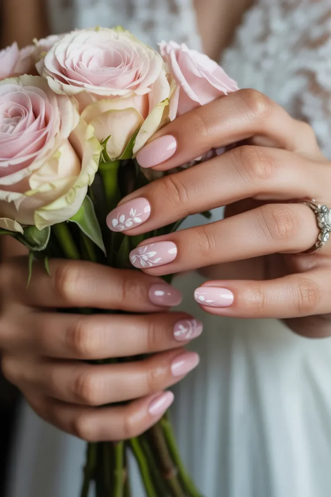 Blush Nails with White Floral Art