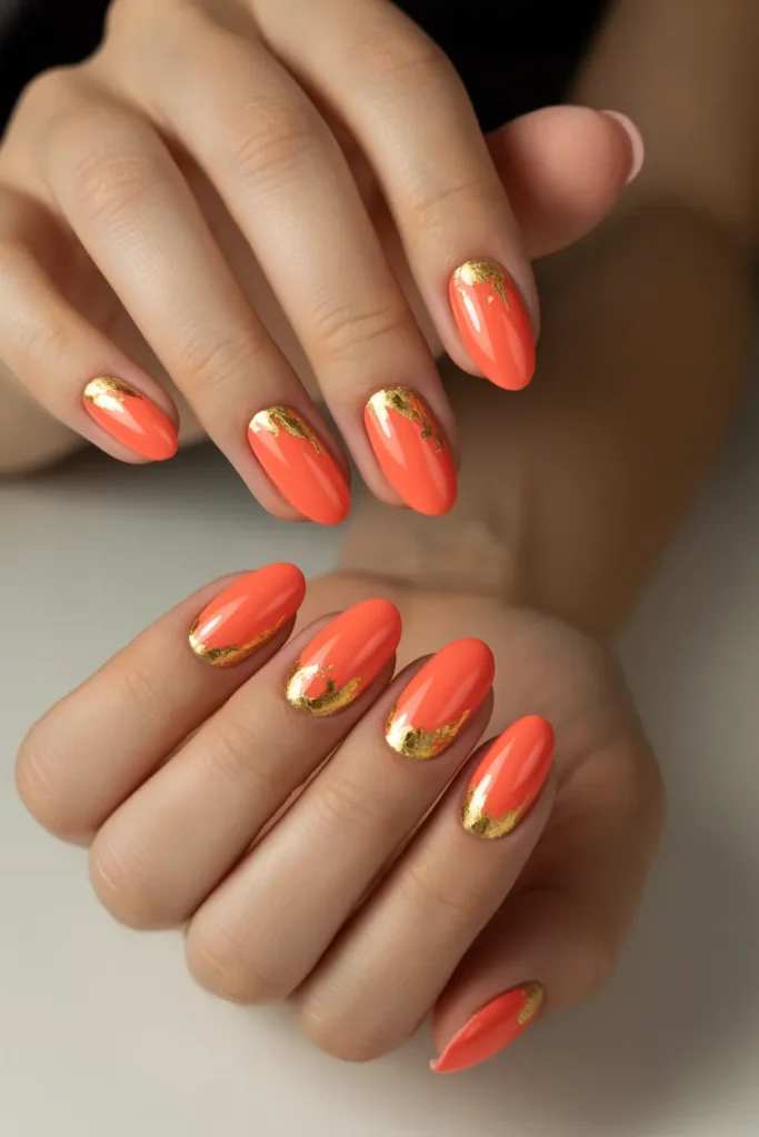 Bright Coral with Gold Leaf