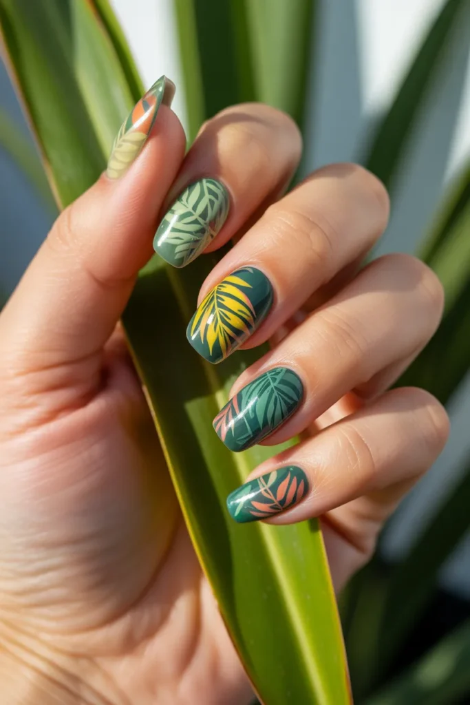 Bright Tropical Leaf Nails