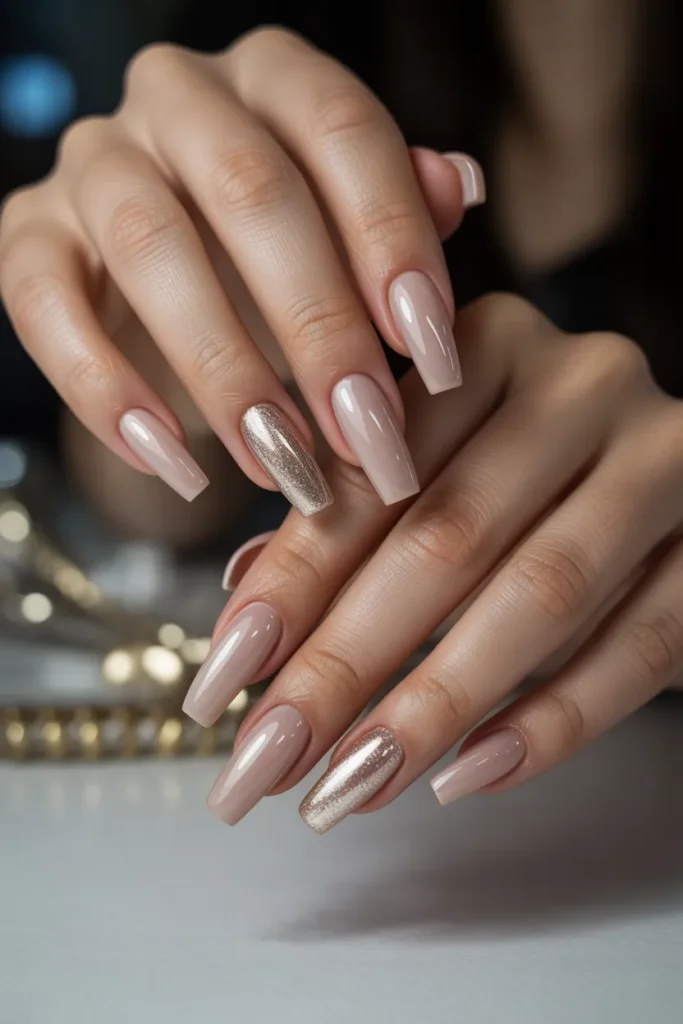 Champagne Gold and Nude Accent Nails