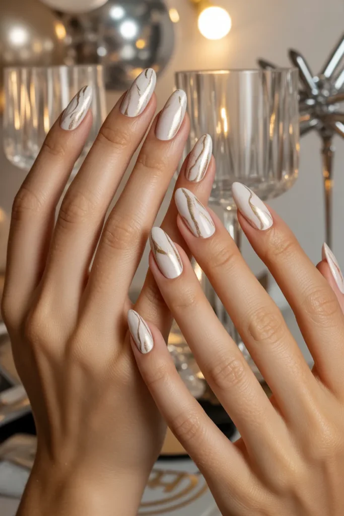 Champagne Gold and White Marble Nails