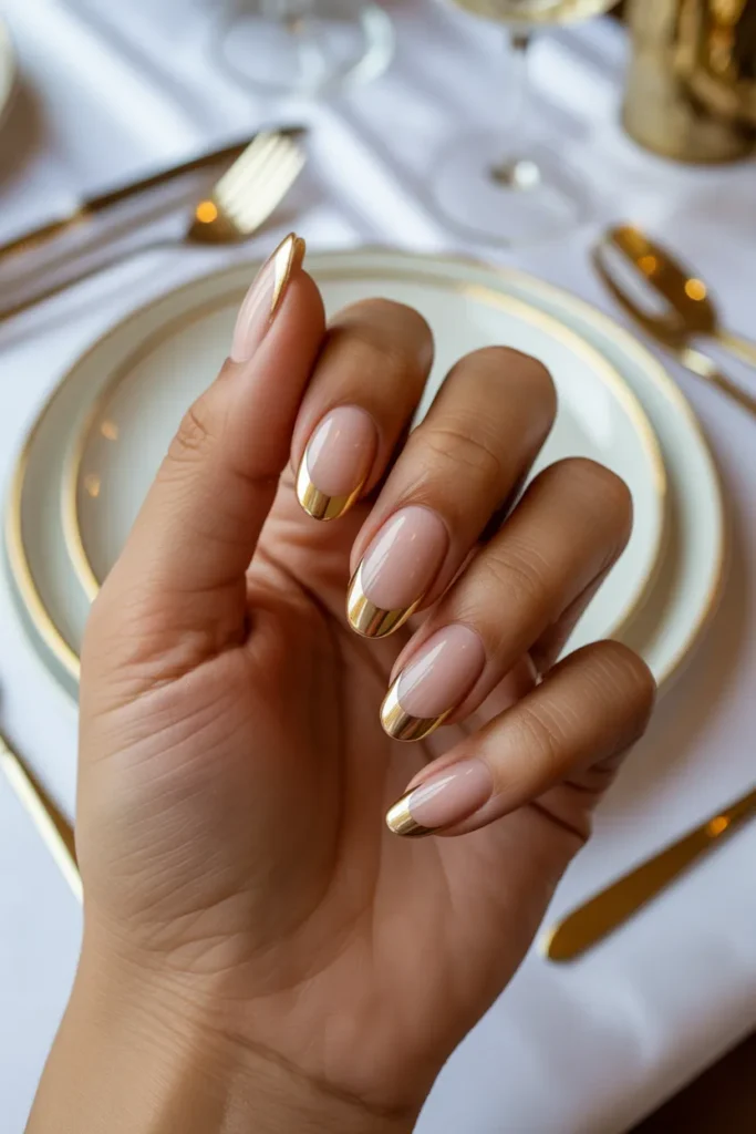Classic French Tips with Gold Accents