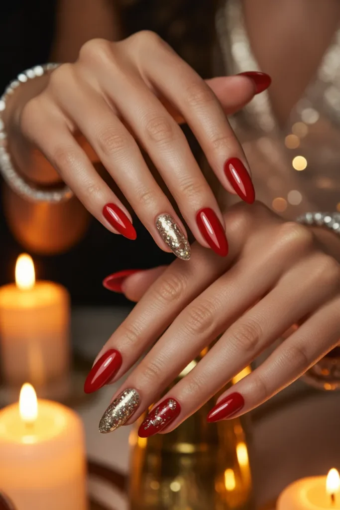 Classic Red with Sparkling Accent Nails