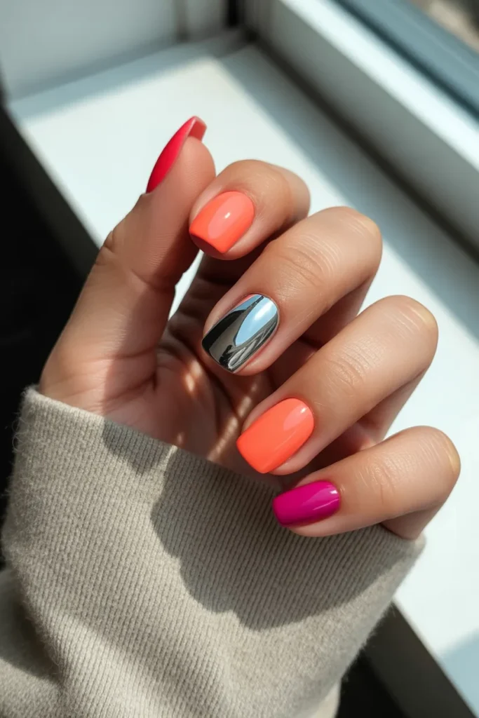 Colourful Chrome Accent Nails