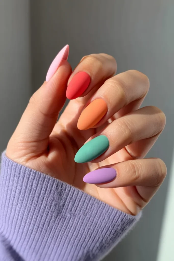 Colourful Matte Almond Nails