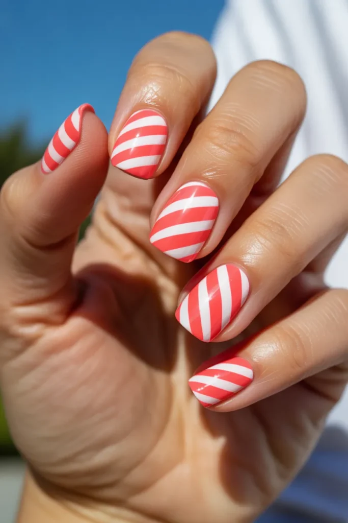 Coral and White Chevron Nails