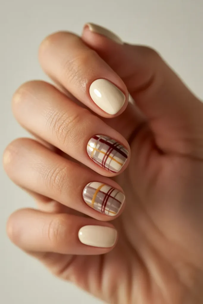 Cream Nails with Plaid Accent