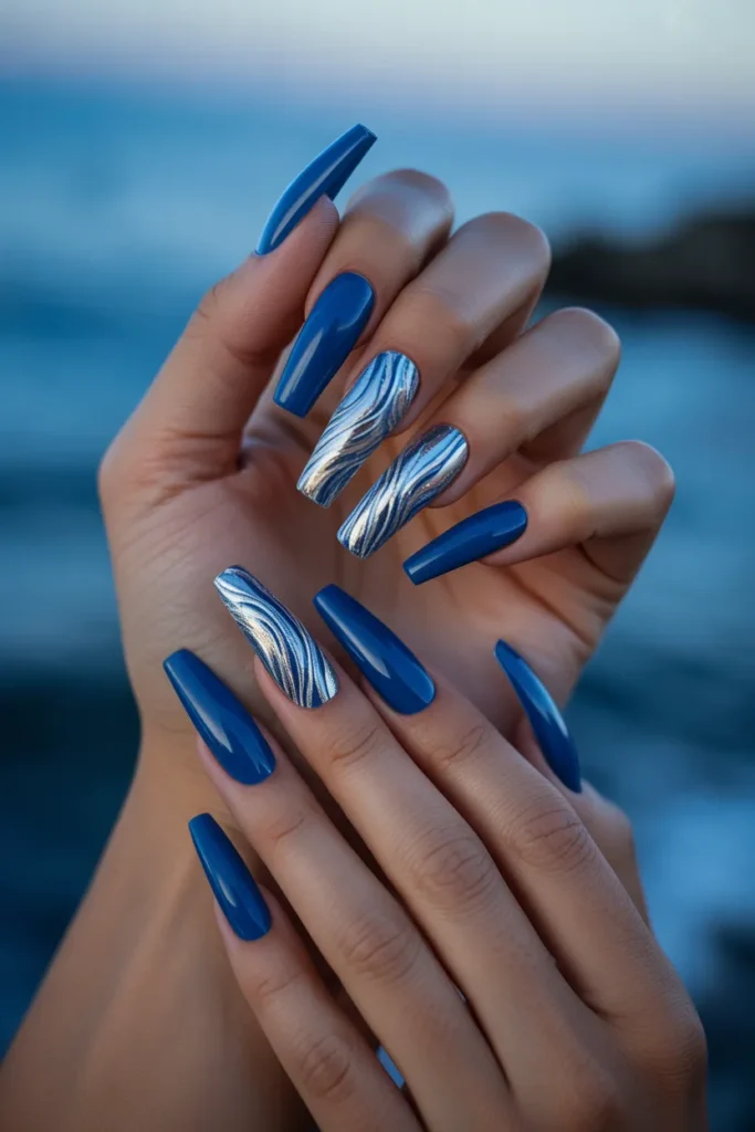 Deep Sea Blue with Silver Foil Waves