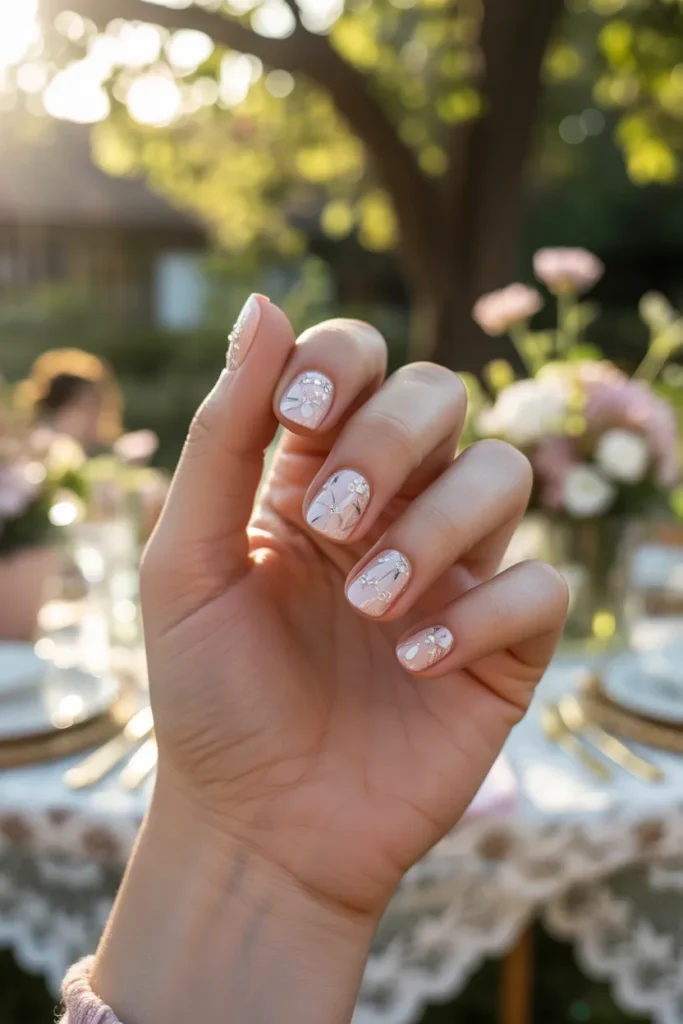 Floral Nail Art with Shimmering Top Coat