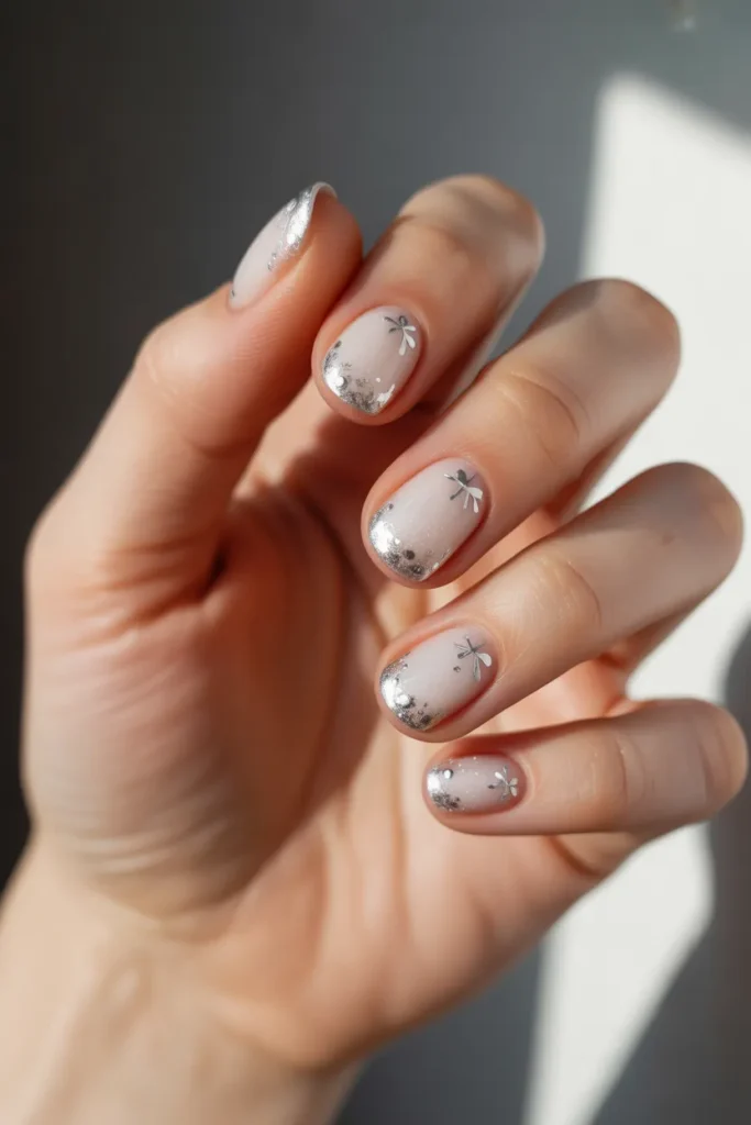 Frosted White Nails with Silver Accents