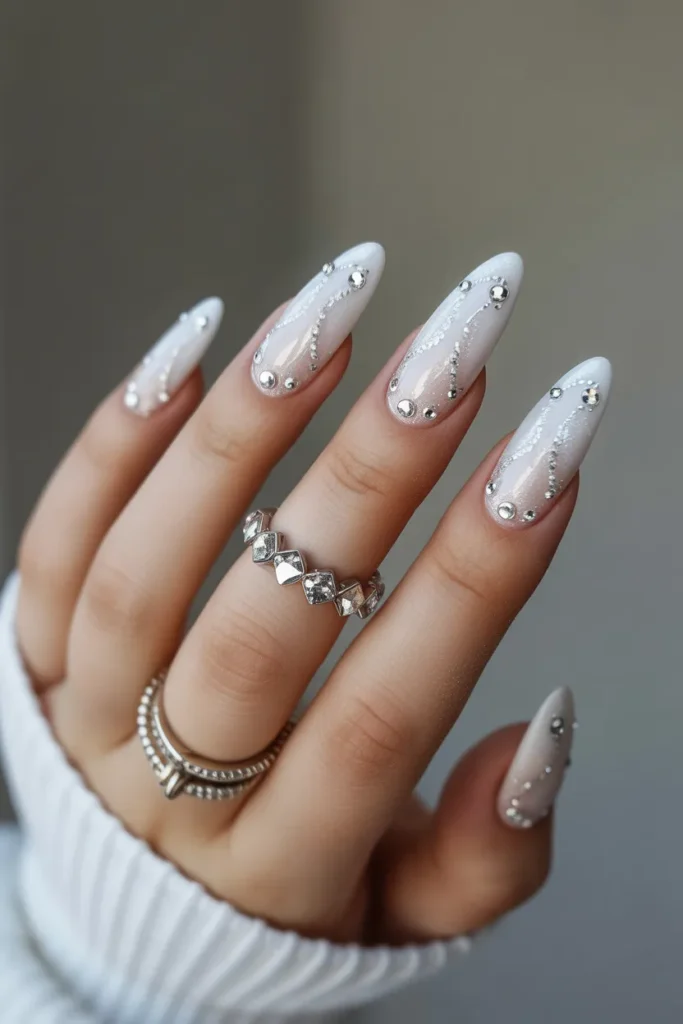 Frosty White Nails with Silver Rhinestones