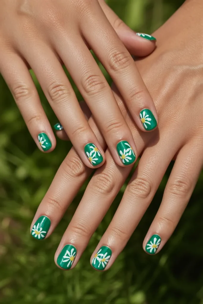 Green Nails with White Daisies