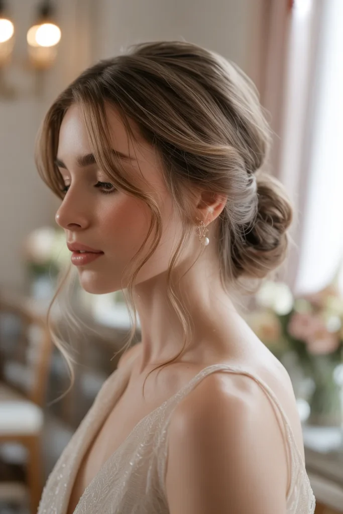 Soft Romantic Low Bun with Face-Framing Tendrils