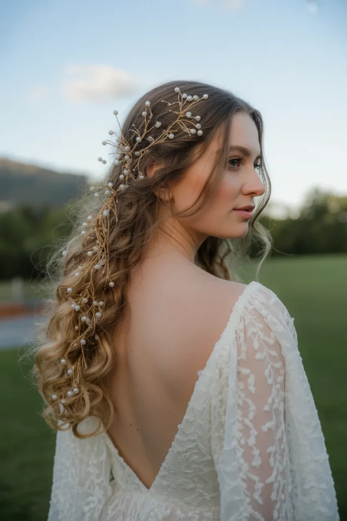 Loose Curls with a Cascading Hair Vine