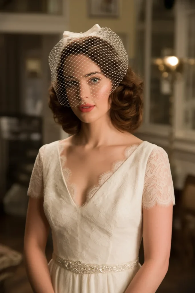 Loose Curls with a Vintage Birdcage Veil