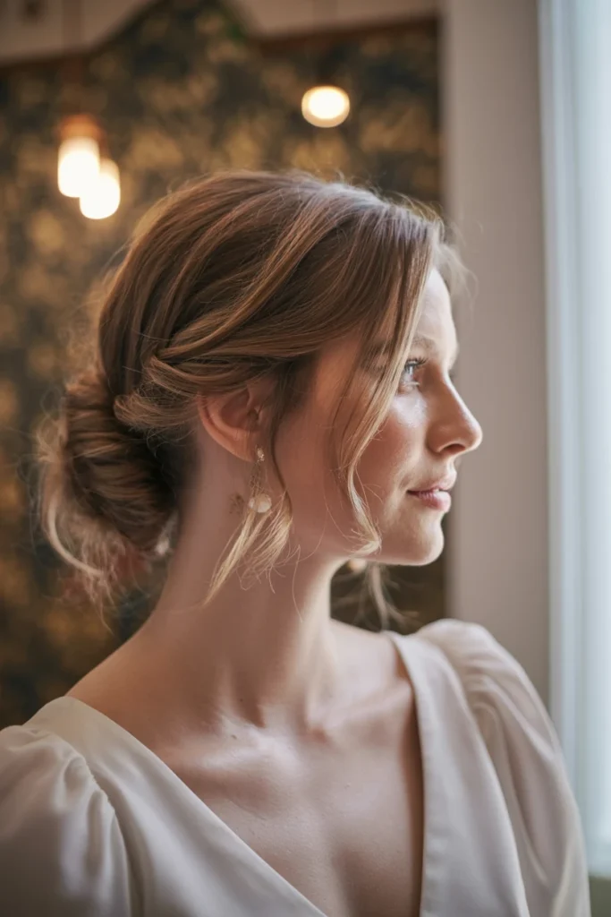 Side Low Bun with Loose Strands