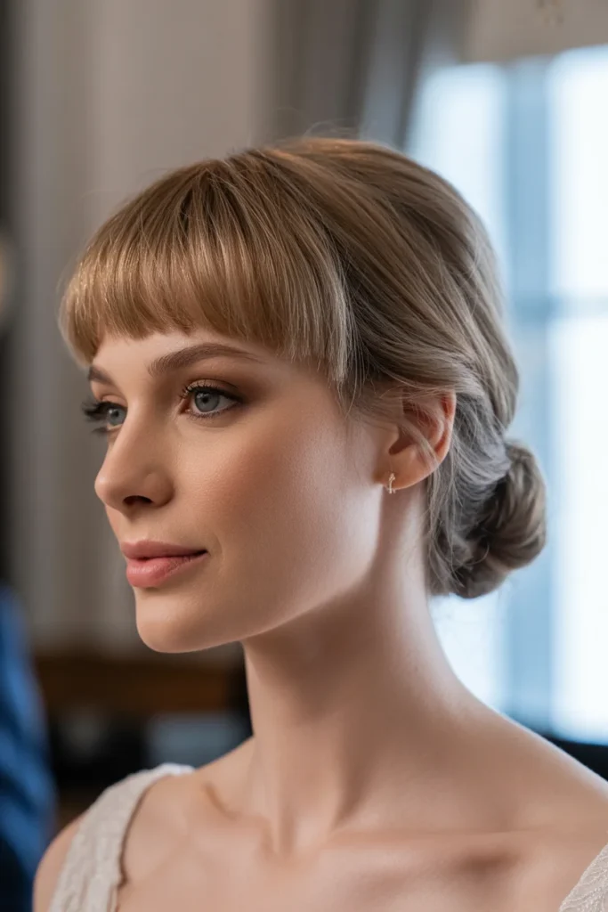 Short Textured Bangs with a Low Bun