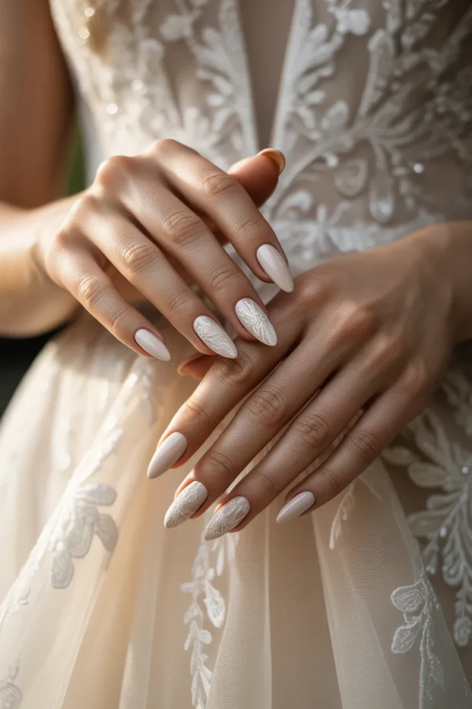  Ivory Nails with Lace-Inspired Detailing