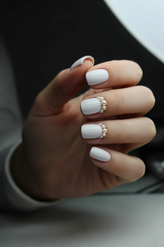  Matte White Nails with Pearl Details