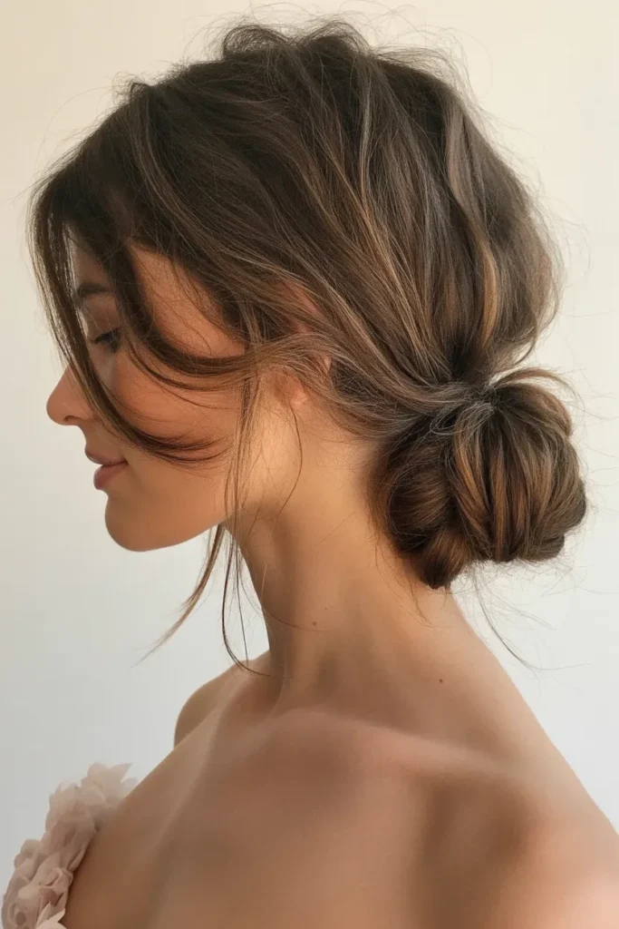 Messy Low Bun with Side-Swept Bangs