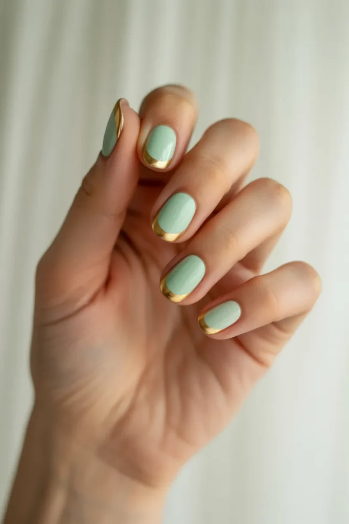 Mint Green and Gold French Tips