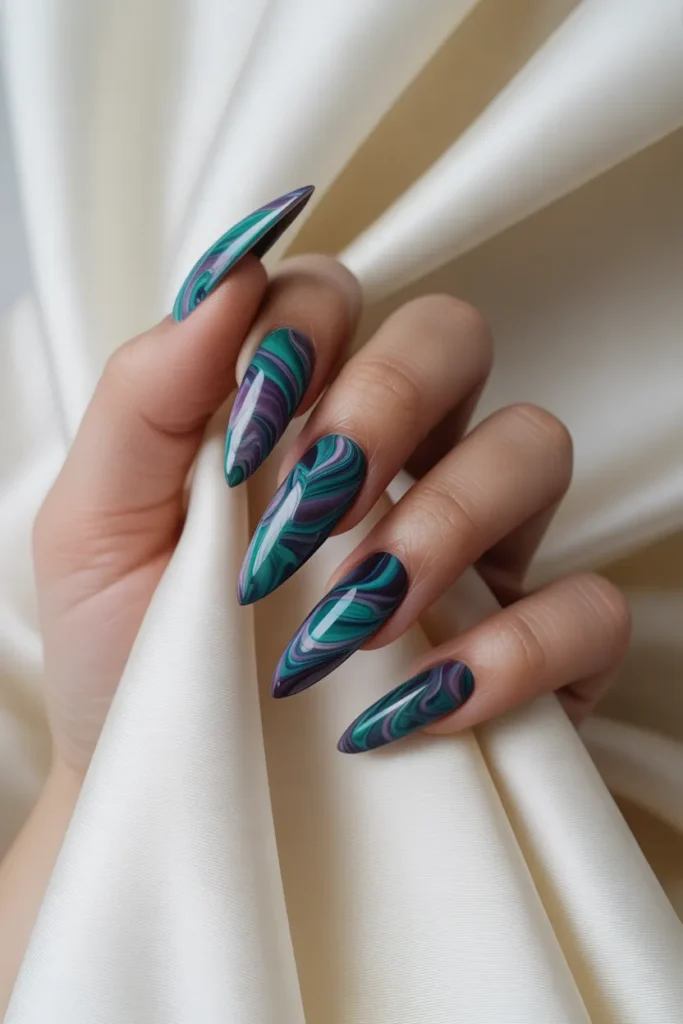Multicolour Marble Stiletto Nails