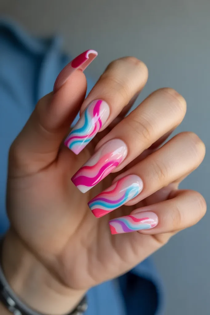 Multicolour Wave Coffin Nails