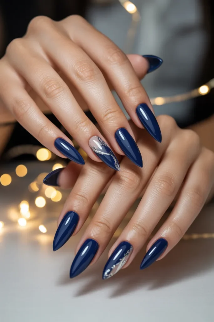 Navy Nails with Silver Foil