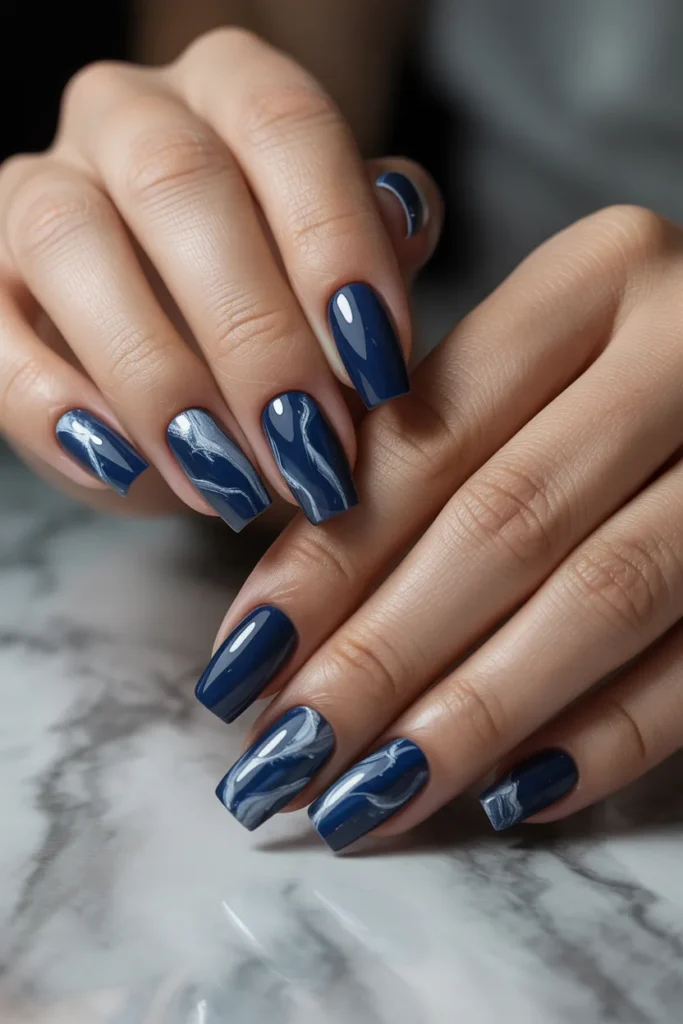 Navy and Silver Marble Nails