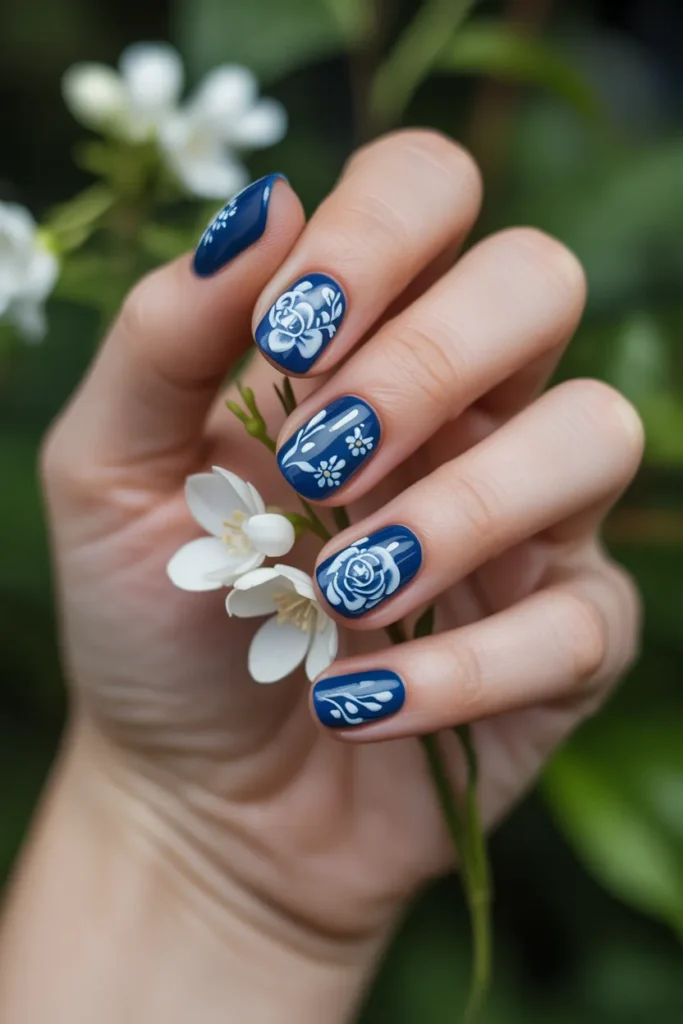 Navy with White Floral Art