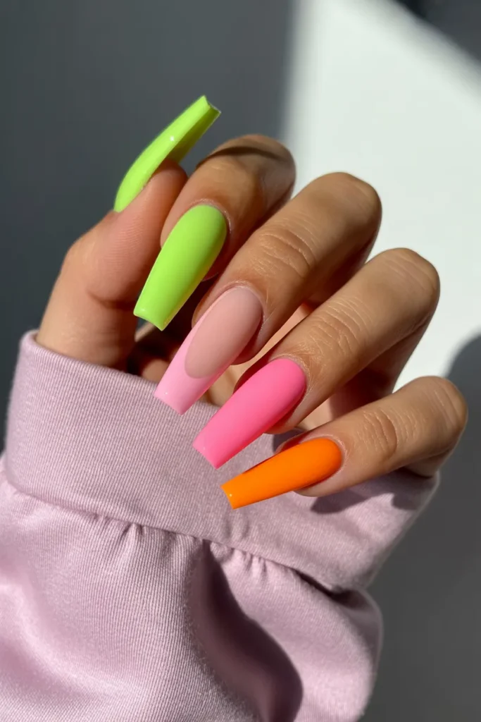 Neon Colour Block Coffin Nails