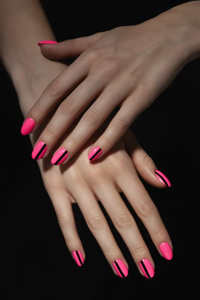 Neon Pink Nails with Black Stripes