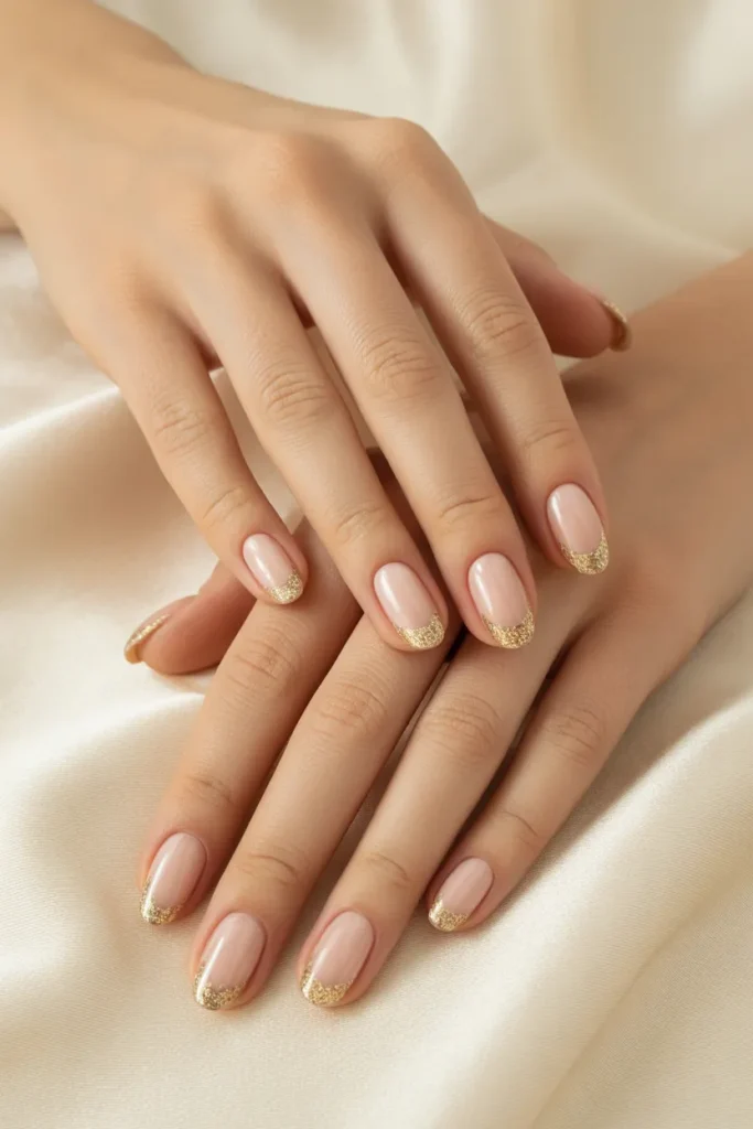 Nude Nails with Gold Glitter Tips