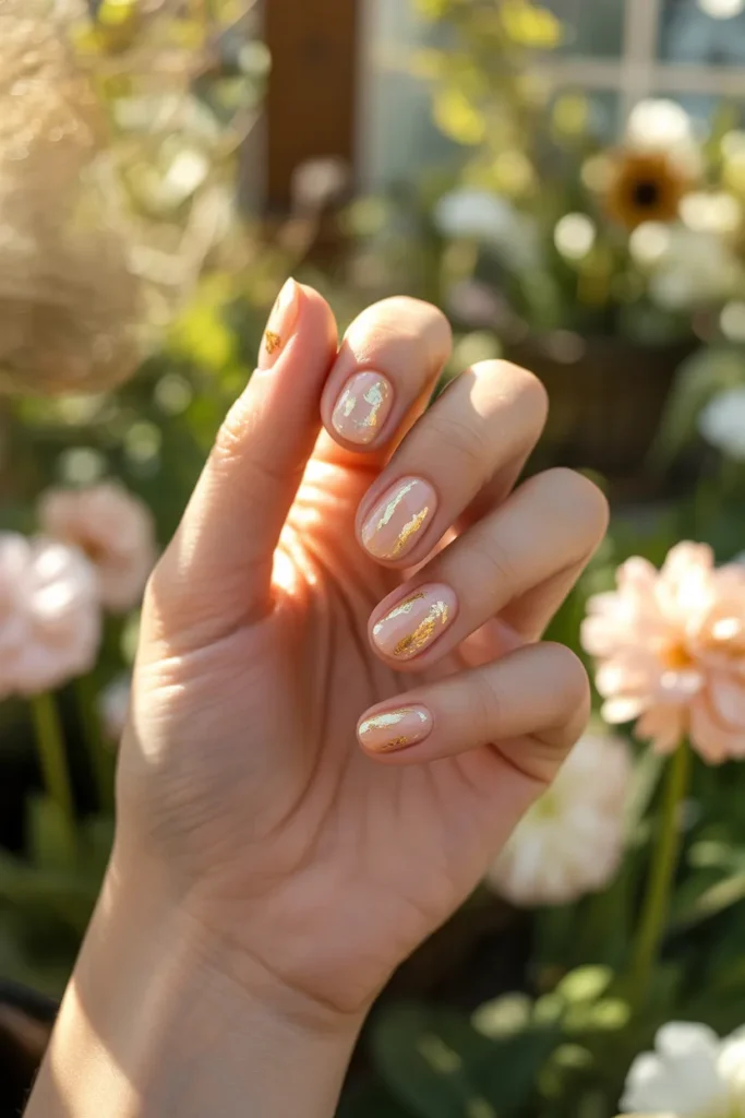 Peach and Gold Foil Nails