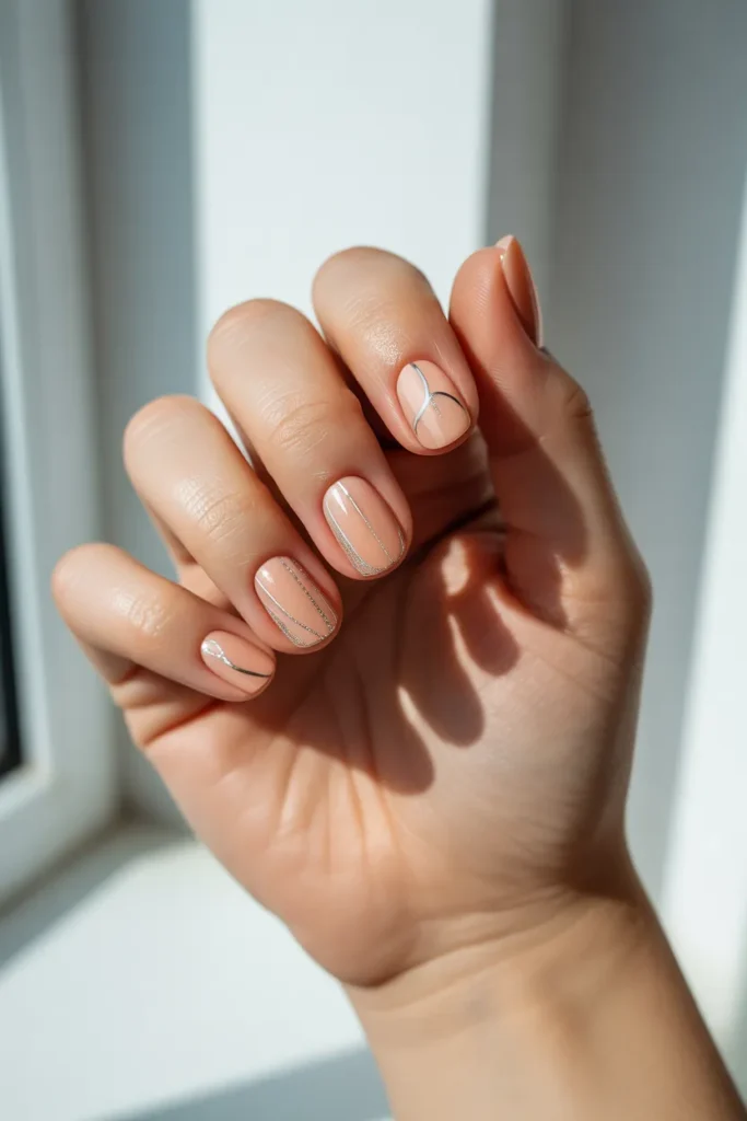 Peachy Nude Nails with Silver Detailing