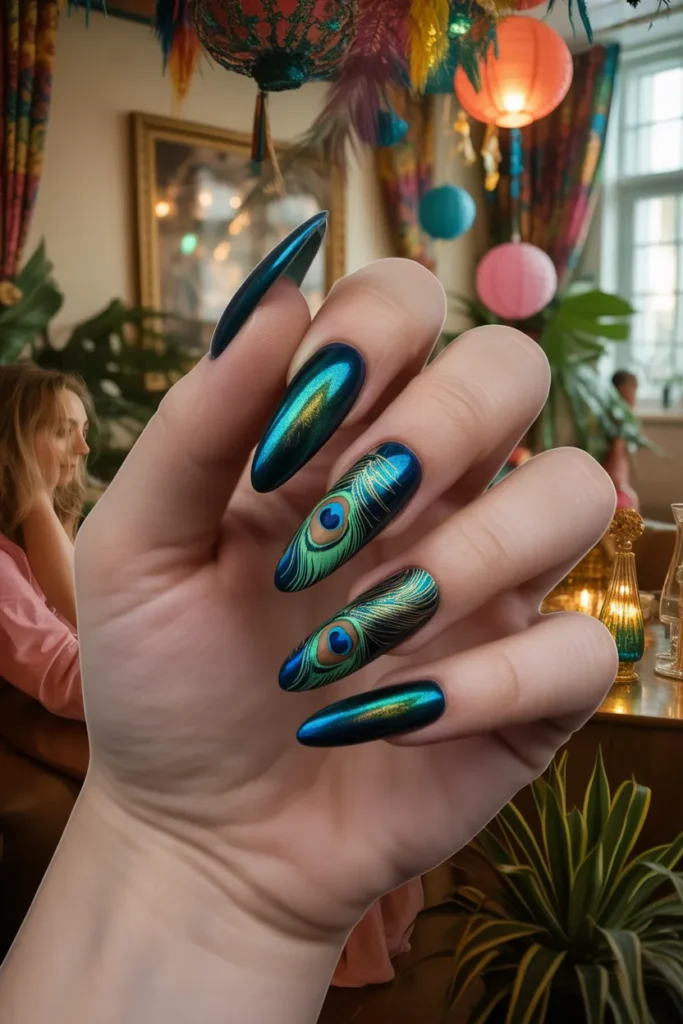 Peacock Feather Accent Nails