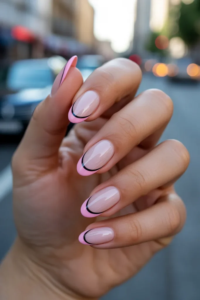 Pink French Tips with Black Detailing