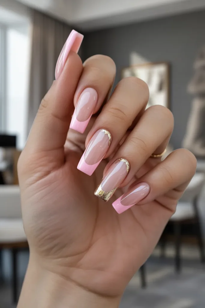 Pink French Tips with Foil Accents