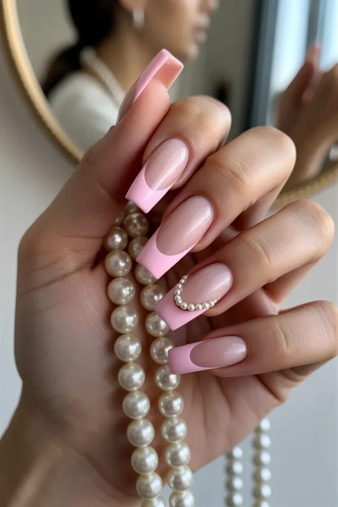 Pink French Tips with Pearls