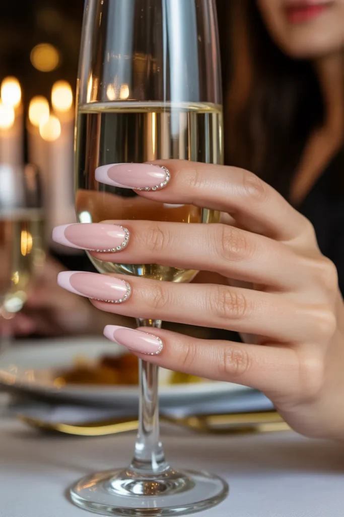 Pink French Tips with Rhinestones