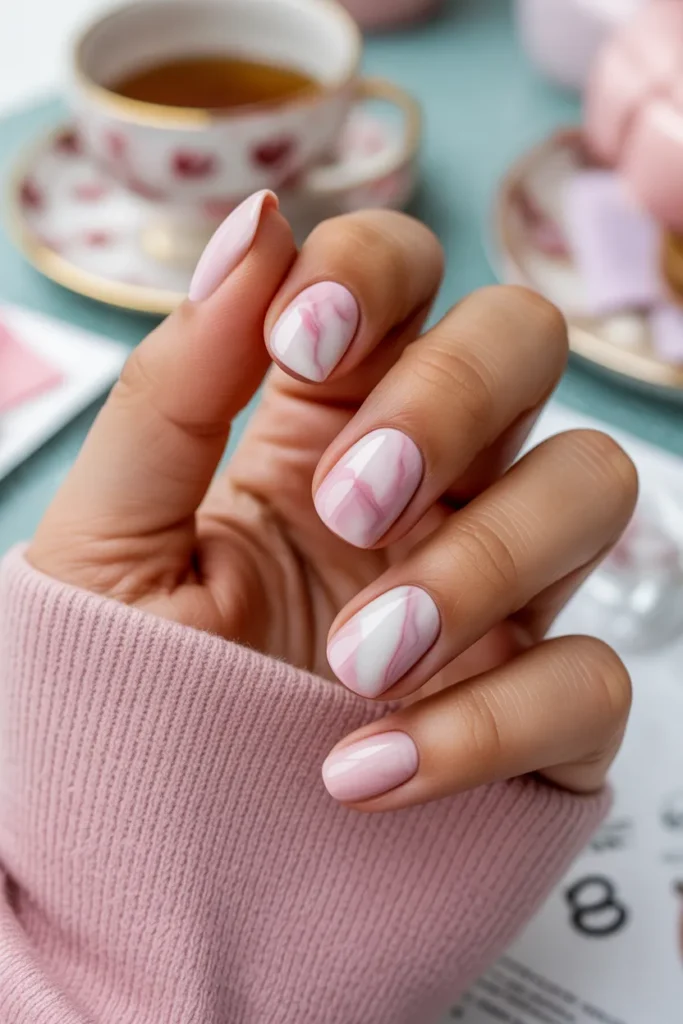 Pink and White Marble Nails