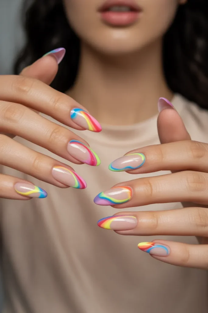 Rainbow Swirl Almond Nails