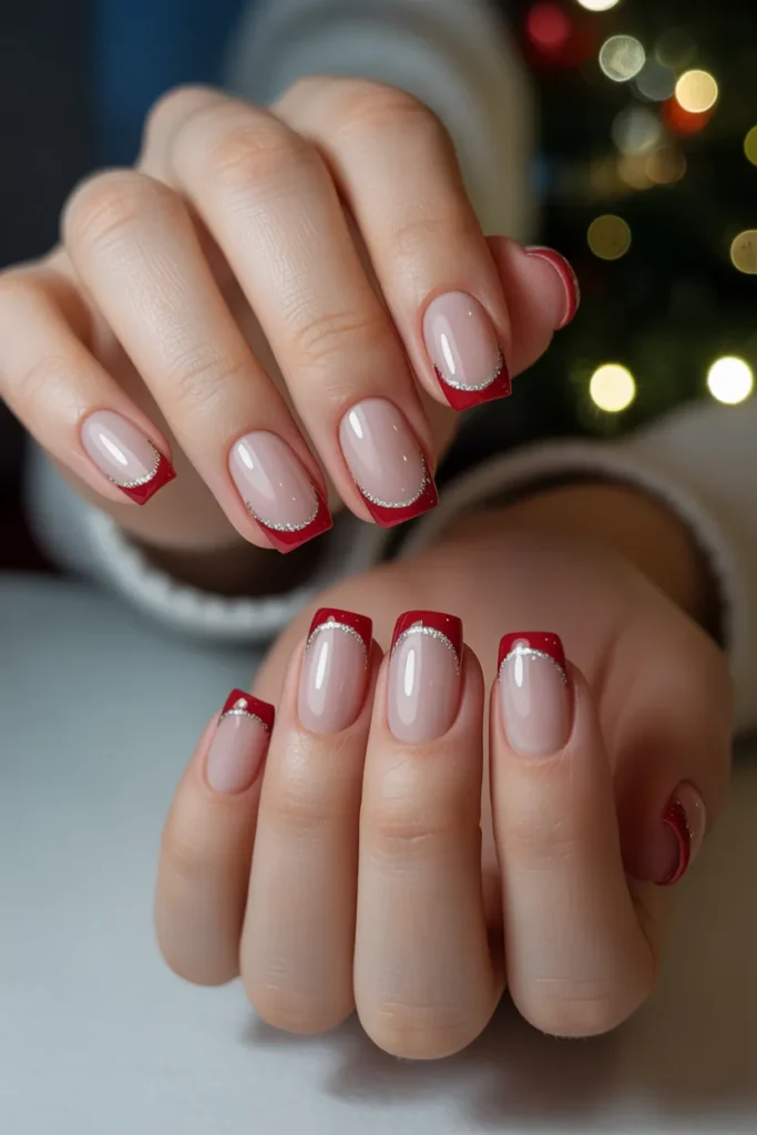 Red French Tips with Silver Glitter
