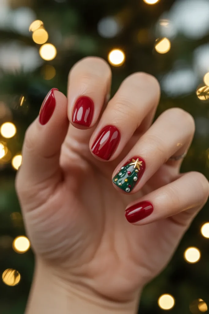 Red with Christmas Tree Accent Nails