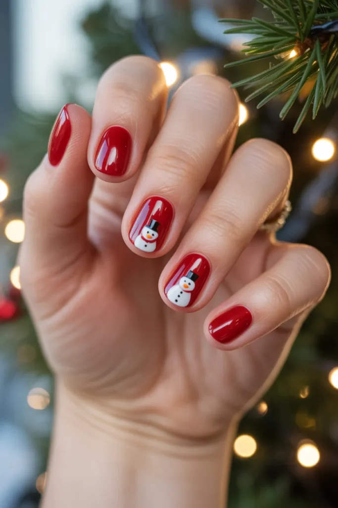 Red with Snowman Nail Art