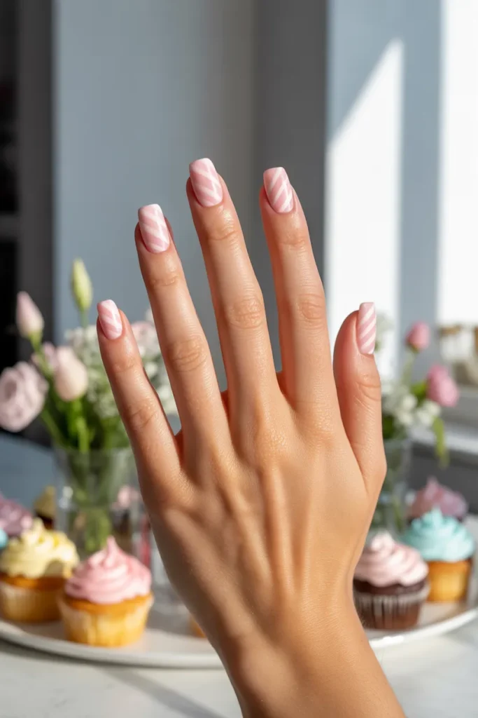 Rose Pink and White Chevron Nails