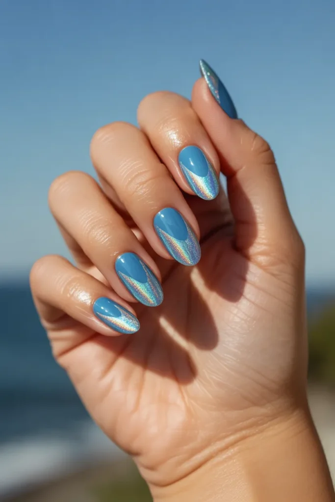 Sea Blue and Silver Holographic Tips